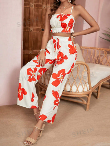 Floral Print Pleated Short Cami Top And Straight Pants