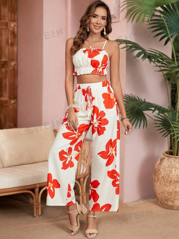 Floral Print Pleated Short Cami Top And Straight Pants