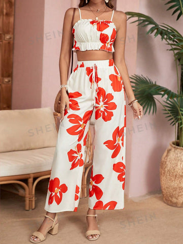 Floral Print Pleated Short Cami Top And Straight Pants