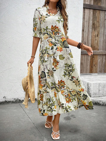 Floral Print Ribbon Tie Dress With Ruffled Hemline, Short Sleeve, For Summer