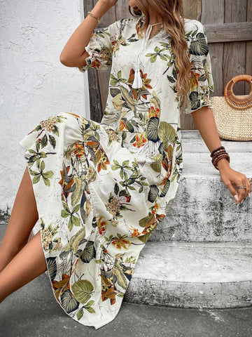 Floral Print Ribbon Tie Dress With Ruffled Hemline, Short Sleeve, For Summer