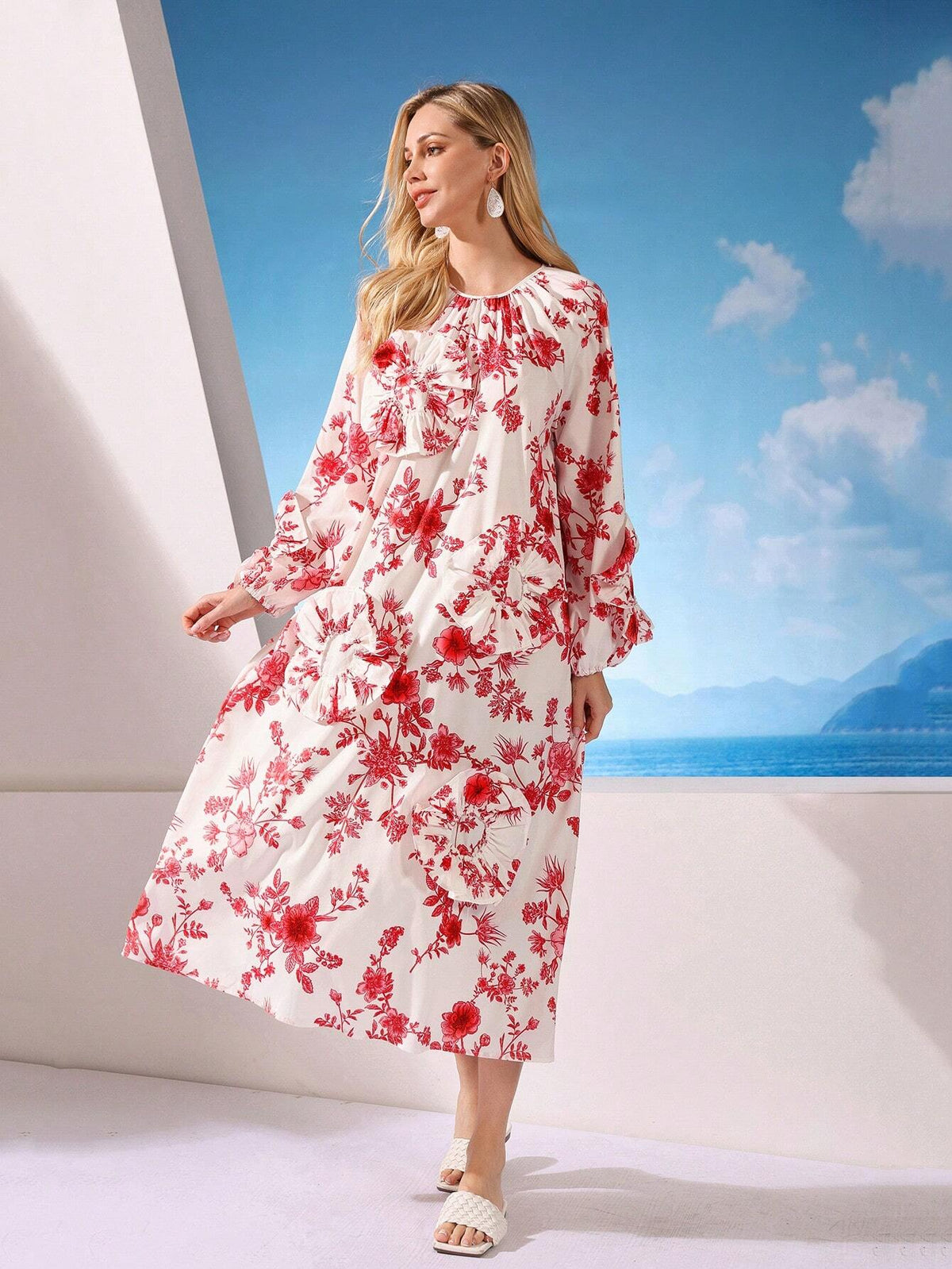 Floral Print Round Neck Puff Sleeve Loose Dress For Women With 3D Flower Embellishments