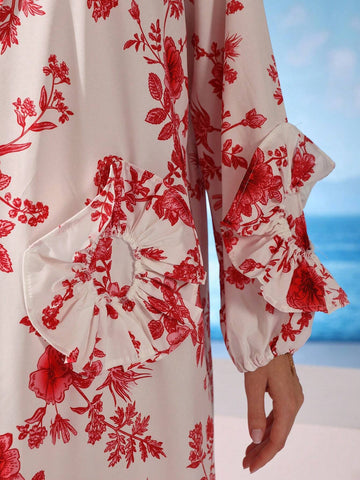 Floral Print Round Neck Puff Sleeve Loose Dress For Women With 3D Flower Embellishments