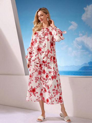Floral Print Round Neck Puff Sleeve Loose Dress For Women With 3D Flower Embellishments
