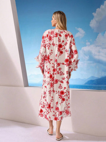 Floral Print Round Neck Puff Sleeve Loose Dress For Women With 3D Flower Embellishments