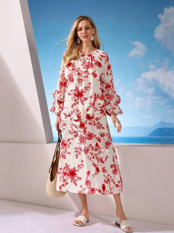Floral Print Round Neck Puff Sleeve Loose Dress For Women With 3D Flower Embellishments