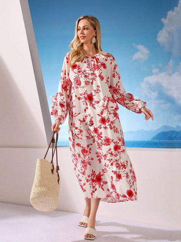 Floral Print Round Neck Puff Sleeve Loose Dress For Women With 3D Flower Embellishments