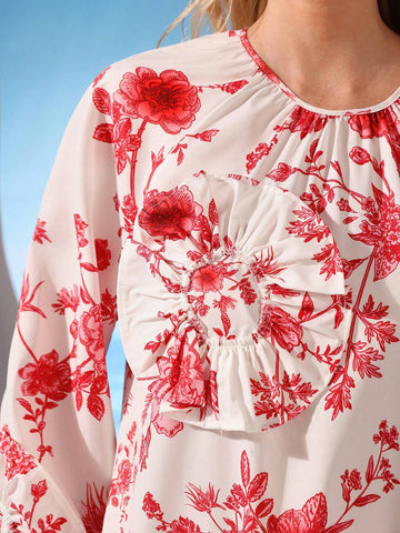 Floral Print Round Neck Puff Sleeve Loose Dress For Women With 3D Flower Embellishments