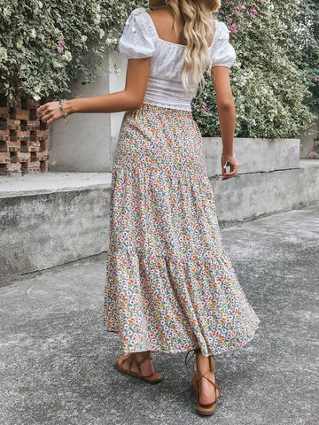 VCAY Floral Print Ruffle Hem Skirt