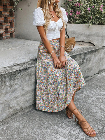 VCAY Floral Print Ruffle Hem Skirt