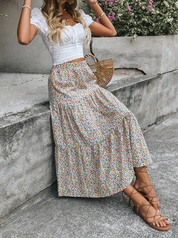 VCAY Floral Print Ruffle Hem Skirt