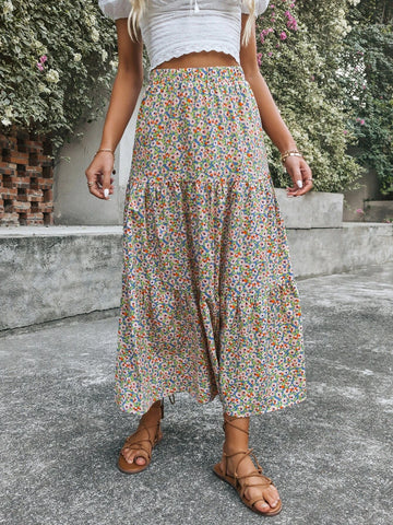 VCAY Floral Print Ruffle Hem Skirt