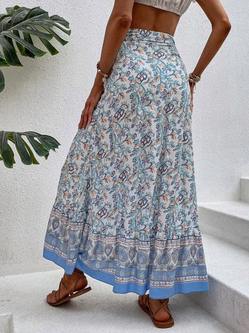 VCAY Floral Print Ruffle Trim Wrap Knot Side Skirt
