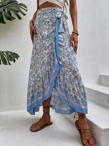 VCAY Floral Print Ruffle Trim Wrap Knot Side Skirt