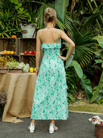 Floral Print Ruffle Trimmed Decorated Cami Dress