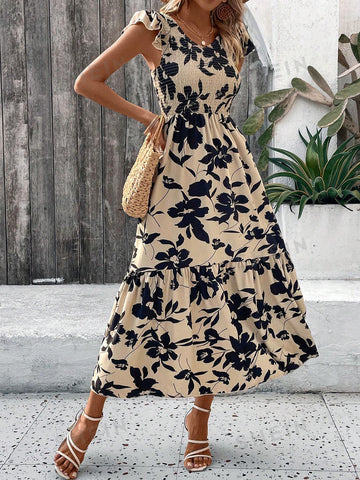 Floral Print Shirred Bodice Ruffle Armhole Dress