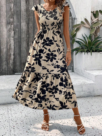 Floral Print Shirred Bodice Ruffle Armhole Dress