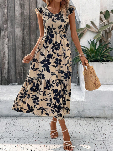 Floral Print Shirred Bodice Ruffle Armhole Dress