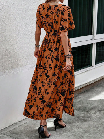 Floral Print Side Slit Short Sleeve Maxi Dress