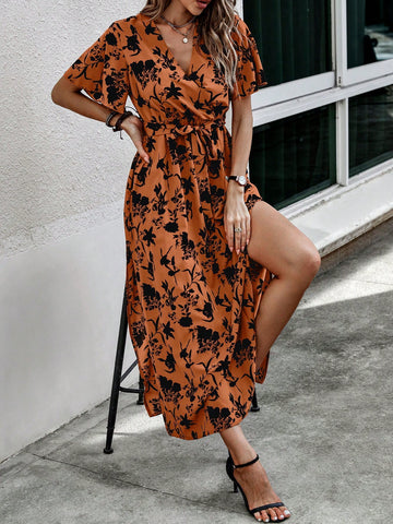Floral Print Side Slit Short Sleeve Maxi Dress