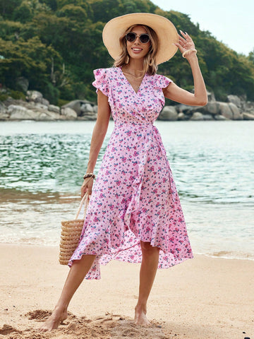 VCAY Floral Print Side Tie Wrap Dress