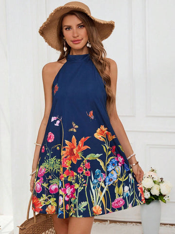 Floral Print Sleeveless Halter Summer Women Dress