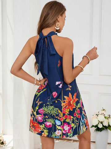 Floral Print Sleeveless Halter Summer Women Dress