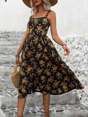 Floral Print Sleeveless Midi Dress With Spaghetti Straps