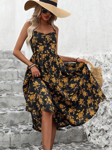 Floral Print Sleeveless Midi Dress With Spaghetti Straps