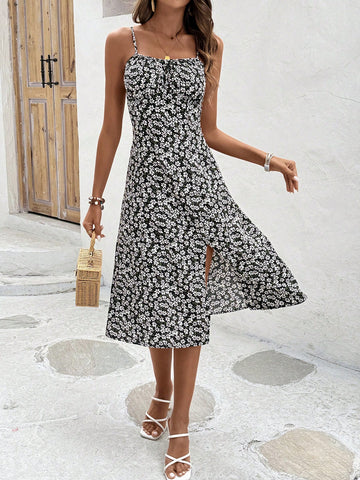 Floral Print Split Front Spaghetti Strap Dress