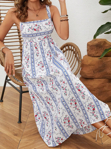 Floral Print Square Neck Sleeveless Sundress