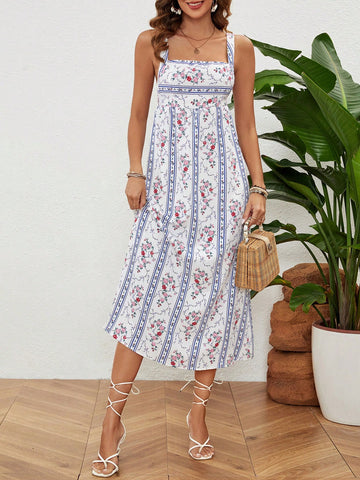 Floral Print Square Neck Sleeveless Sundress