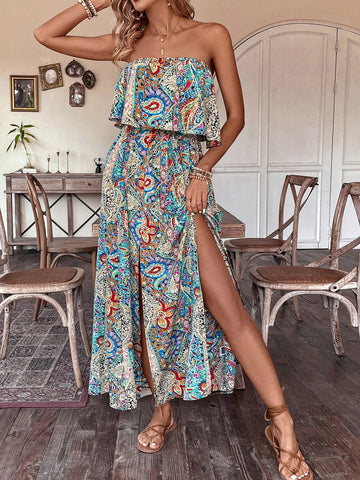 VCAY Floral Print Strapless Dress With Ruffled Hem And High Side Slit