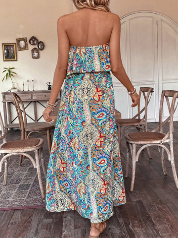 VCAY Floral Print Strapless Dress With Ruffled Hem And High Side Slit
