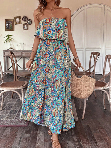 VCAY Floral Print Strapless Dress With Ruffled Hem And High Side Slit