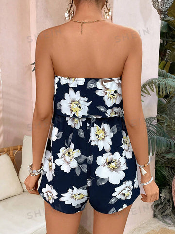 Floral Print Strapless Romper With Cinched Waist