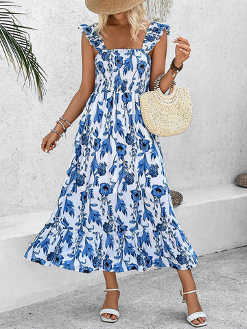 Floral Print Strappy Sleeveless A-Line Dress