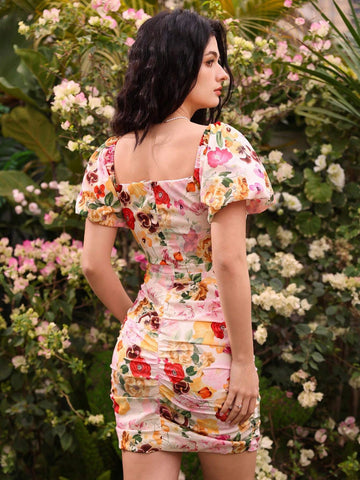 Floral Print Sweetheart Neck Hollow Out Puff Sleeve Bodycon Dress