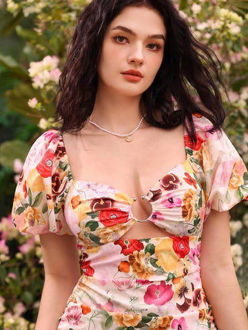 Floral Print Sweetheart Neck Hollow Out Puff Sleeve Bodycon Dress