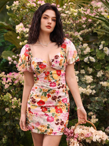 Floral Print Sweetheart Neck Hollow Out Puff Sleeve Bodycon Dress