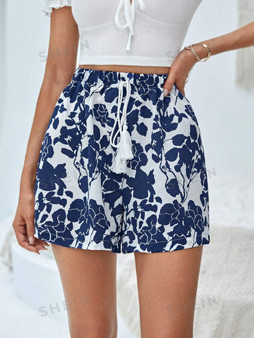 VCAY Floral Print Tie Front Shorts