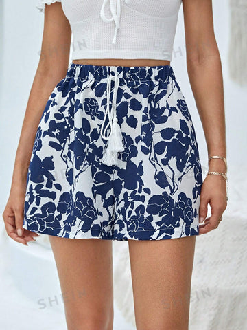 VCAY Floral Print Tie Front Shorts