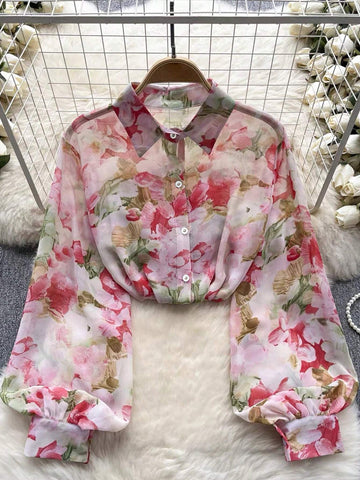 VCAY Floral Print Turn-Down Collar Long Sleeve Button Front Shirt