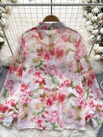VCAY Floral Print Turn-Down Collar Long Sleeve Button Front Shirt