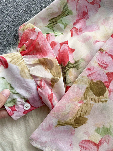 VCAY Floral Print Turn-Down Collar Long Sleeve Button Front Shirt