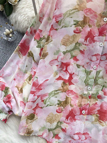 VCAY Floral Print Turn-Down Collar Long Sleeve Button Front Shirt