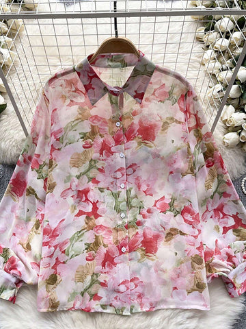 VCAY Floral Print Turn-Down Collar Long Sleeve Button Front Shirt