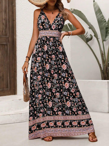 Floral Print V-Neck Back Crossed Strap Dress