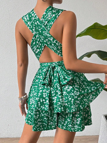Floral Print V-Neck Belted Jumpsuit