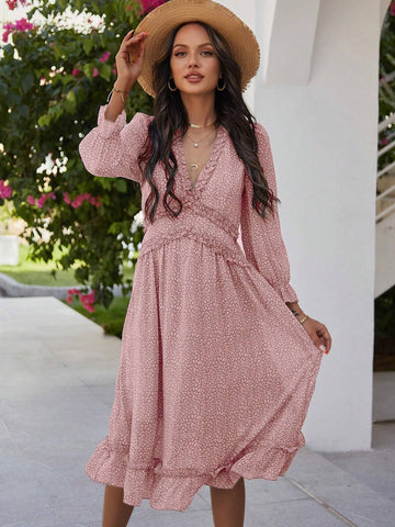Floral Print V-Neck Dress With Ruffle Hem And Trim